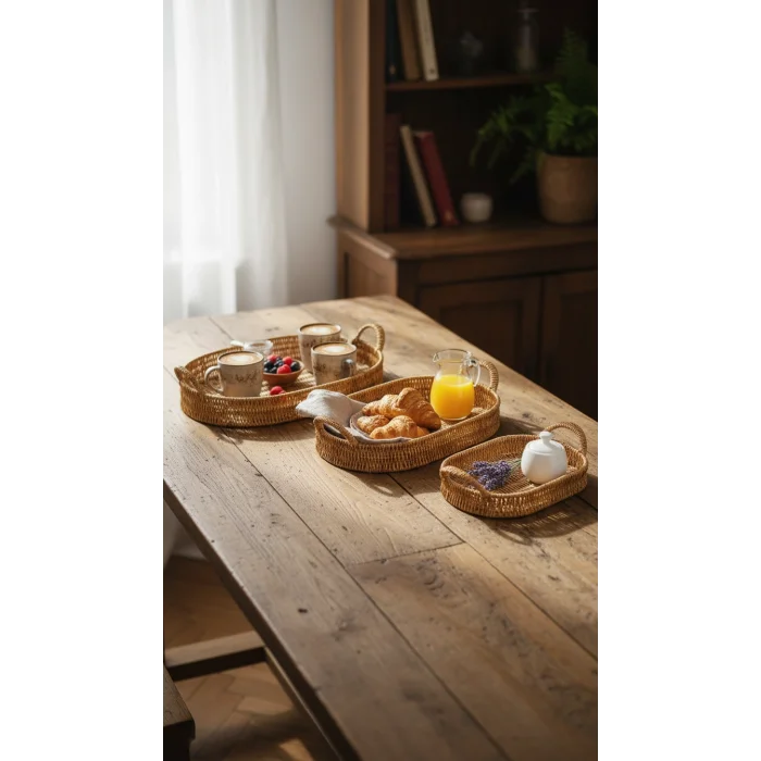 Lüks Oval 3lü Hasır Tekli Servis Sunum Seti