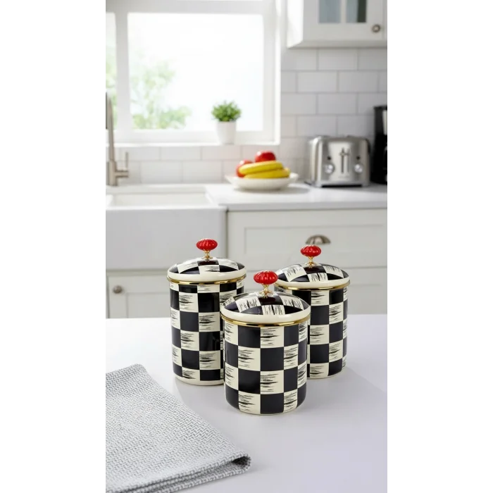 3’lü Lüks Emaye Dama Dekor Baharat Ve Kavanoz Takımı Seti 10-12-14 cm