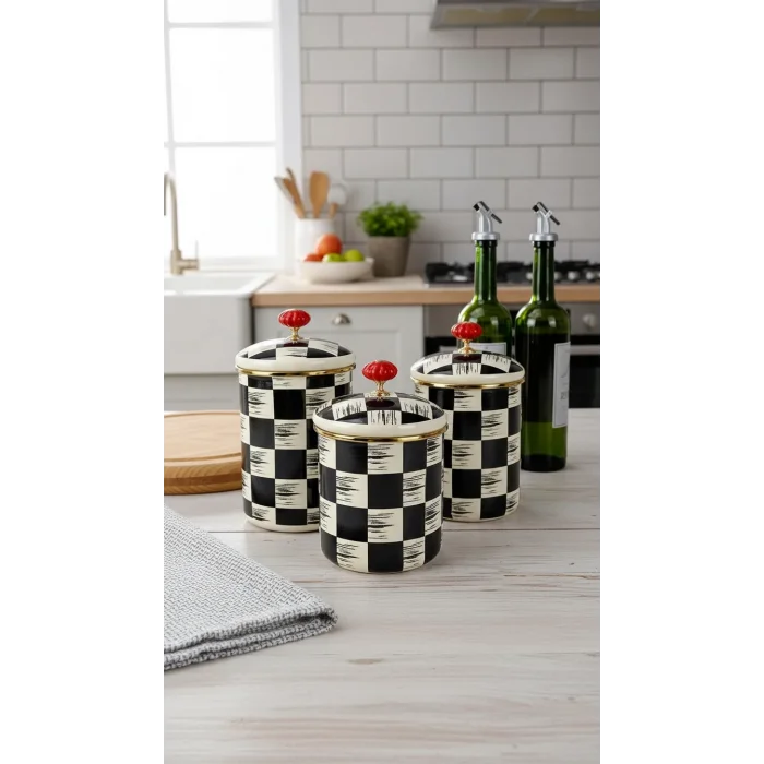 3’lü Lüks Emaye Dama Dekor Baharat Ve Kavanoz Takımı Seti 10-12-14 cm