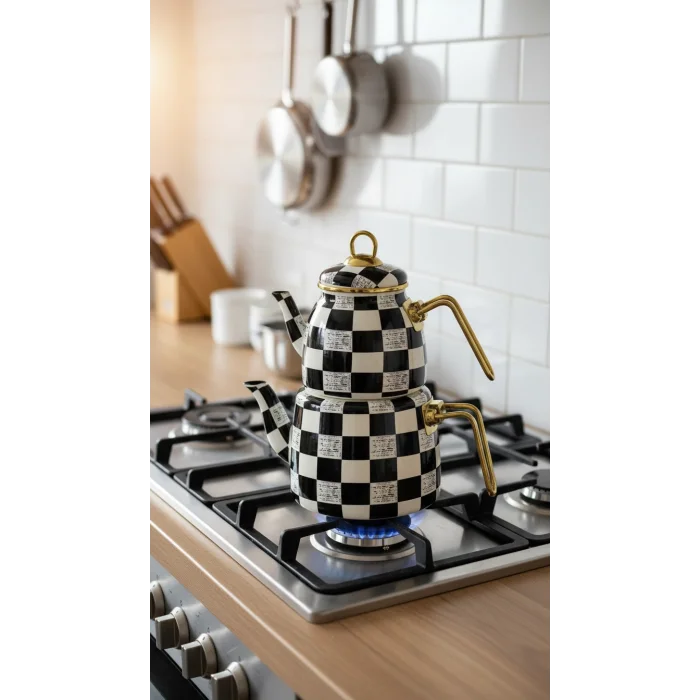 Premium Dama Desenli Siyah Beyaz Şık Çaydanlık Seti