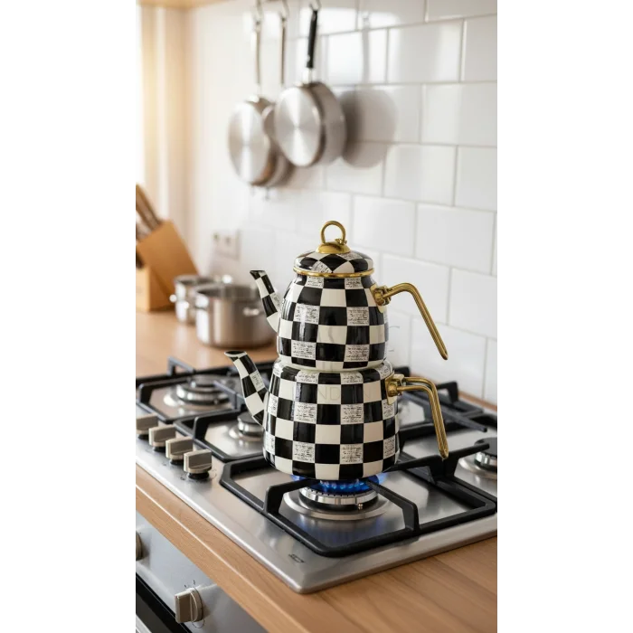 Premium Dama Desenli Siyah Beyaz Şık Çaydanlık Seti