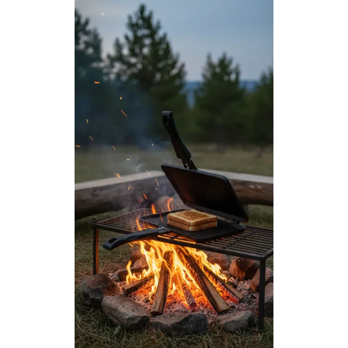 Çift Taraflı Granit Döküm Kamp ve Ocak Üstü Tost Makinesi - Siyah