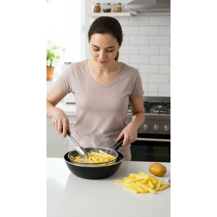 Emaye Granit Lüks Wok Tava Seti – 26 cm, Yanmaz Yapışmaz, Fritöz Sepetli