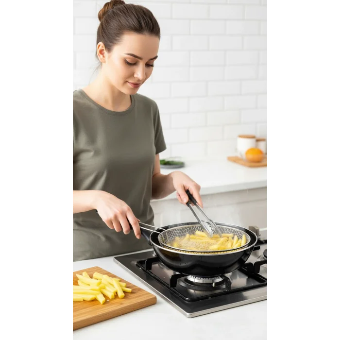 Emaye Granit Lüks Wok Tava Seti – 26 cm, Yanmaz Yapışmaz, Fritöz Sepetli