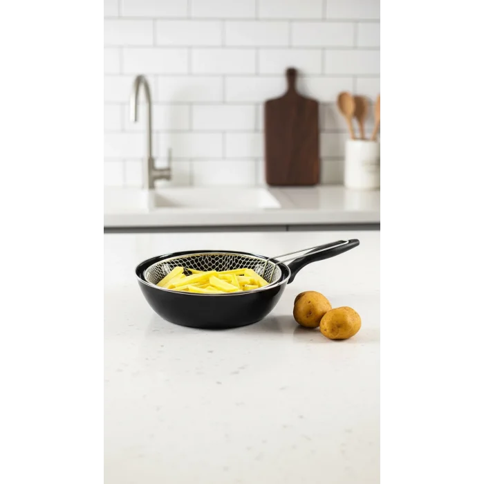 Emaye Granit Lüks Wok Tava Seti – 26 cm, Yanmaz Yapışmaz, Fritöz Sepetli