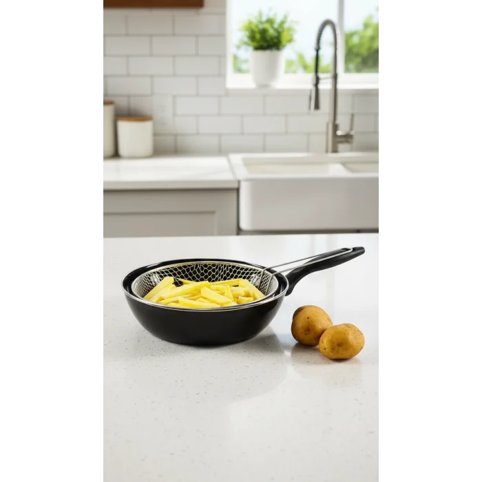 Emaye Granit Lüks Wok Tava Seti – 26 cm, Yanmaz Yapışmaz, Fritöz Sepetli