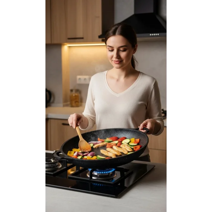 Hanımeli Granit Döküm 38 cm Çok Amaçlı Tava – Profesyonel Eşit Isı Dağılımı