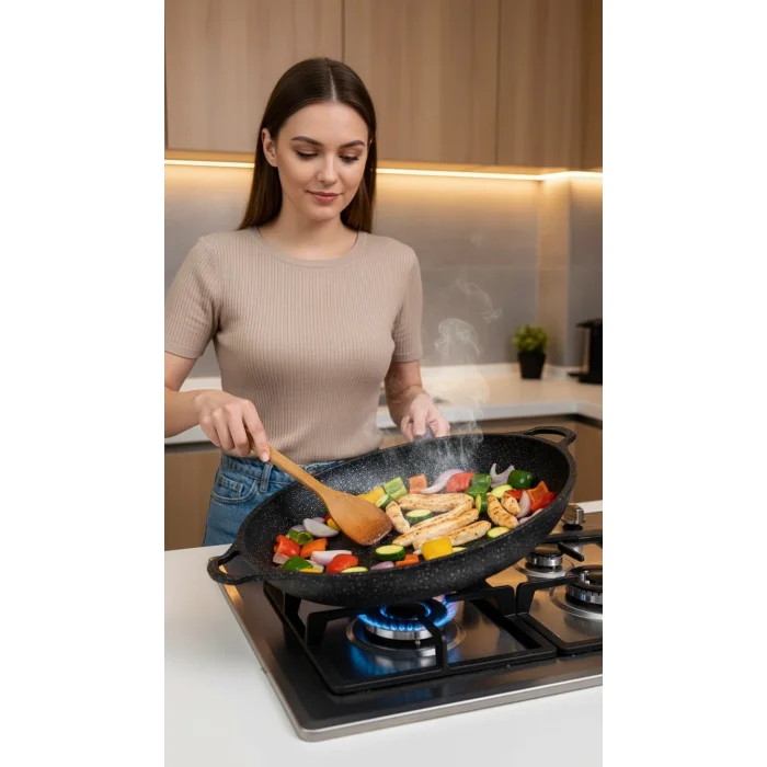 Hanımeli Granit Döküm 38 cm Çok Amaçlı Tava – Profesyonel Eşit Isı Dağılımı