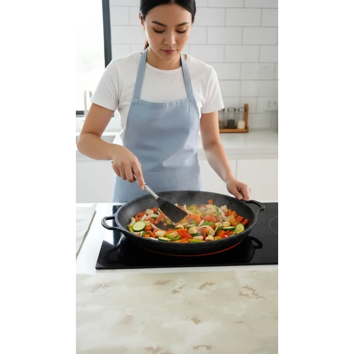 Hanımeli Granit Kaplamalı Döküm Tava 38cm – Lüks Mutfak Çözümü