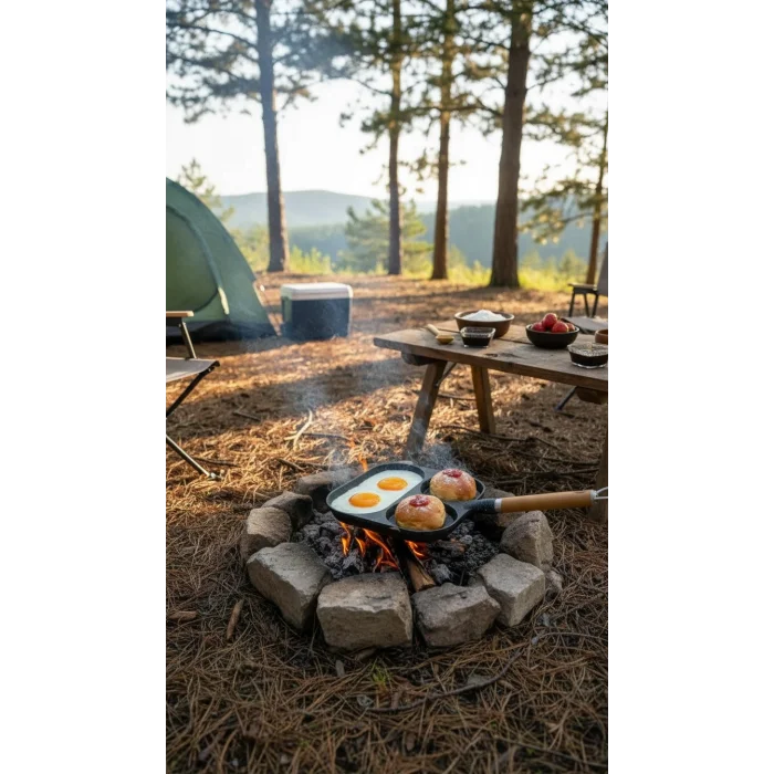 Kamp Dostu 3 Bölmeli Granit Döküm Kahvaltı Tavası