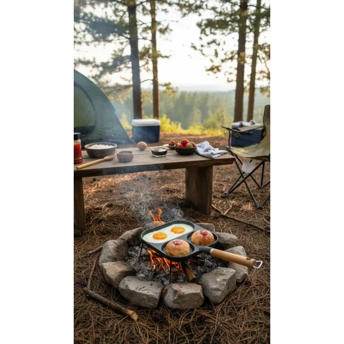 Kamp Dostu 3 Bölmeli Granit Döküm Kahvaltı Tavası