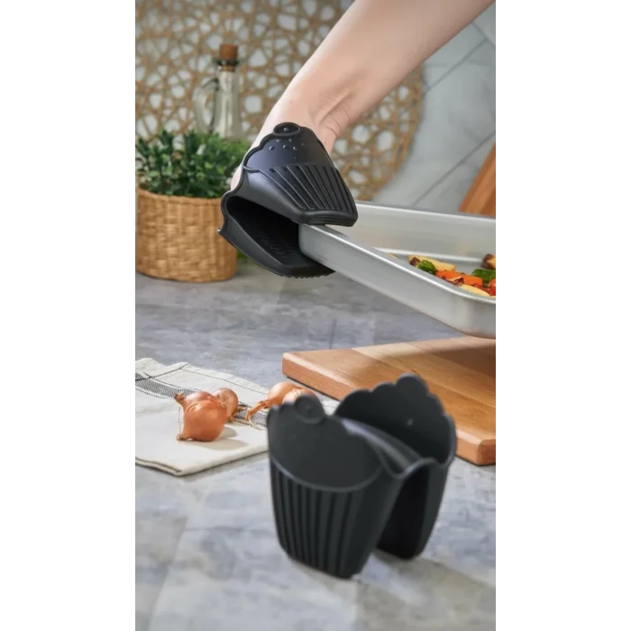 Silikon Fırın Eldiveni Isı Yalıtımlı Kaymaz Mikrodalga Fırın Tencere Tepsi Siyah 2 Adet