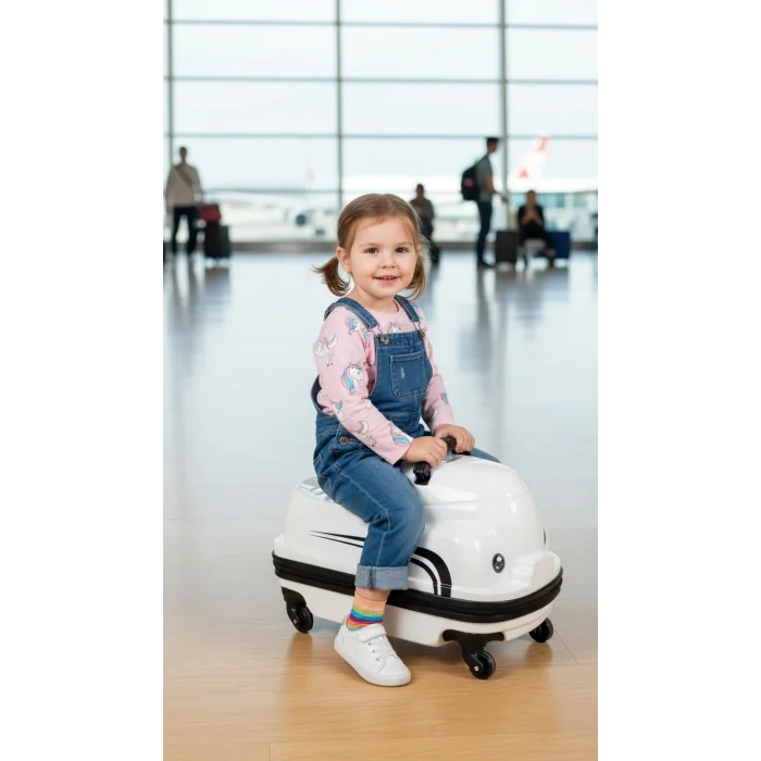 Premium ABS Sürdürülebilir Çocuk Valizi – Beyaz 360° Dönme