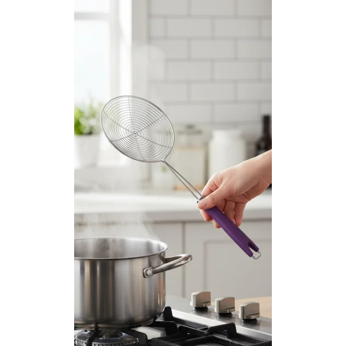 Slikon saplı çelik Kızartma Kevgir – Yağ Süzgeci ile Profesyonel Mutfak Aksesuarı
