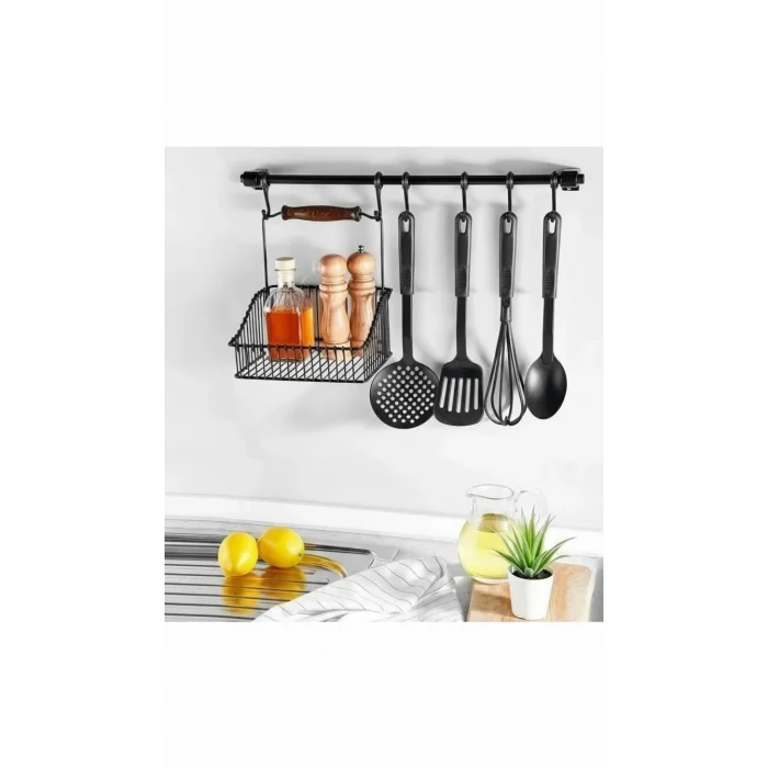 Premium Siyah Ferforje Sepetli Duvar Askılı Mutfak Düzenleyici