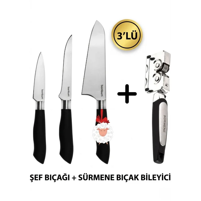 Nishev Mastercut 3lü Şef Bıçağı Seti Sürmene Bıçak Bileyici / Kurban Bayramına Özel Set