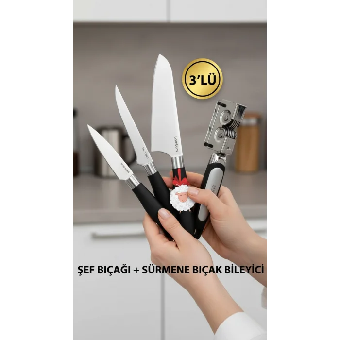 Nishev Mastercut 3lü Şef Bıçağı Seti Sürmene Bıçak Bileyici / Kurban Bayramına Özel Set