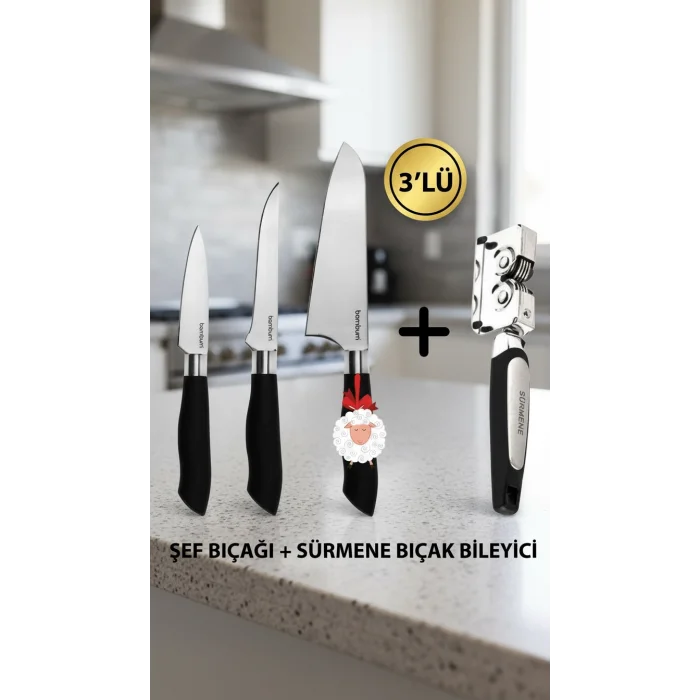 Nishev Mastercut 3lü Şef Bıçağı Seti Sürmene Bıçak Bileyici / Kurban Bayramına Özel Set