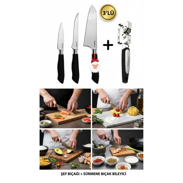 Nishev Mastercut 3lü Şef Bıçağı Seti Sürmene Bıçak Bileyici / Kurban Bayramına Özel Set