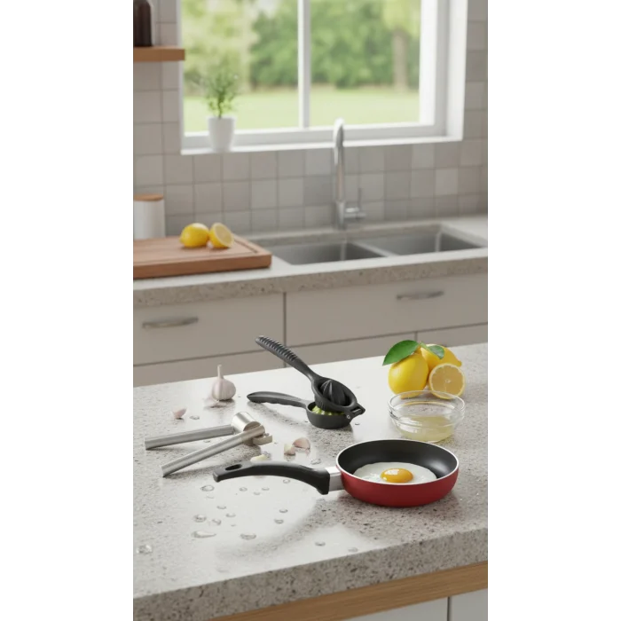 Nishev Premium 3‑Parça Mutfak Seti – Döküm Limon Sıkacağı, Koncis Sarımsak Ezici & Mini Teflon Tava