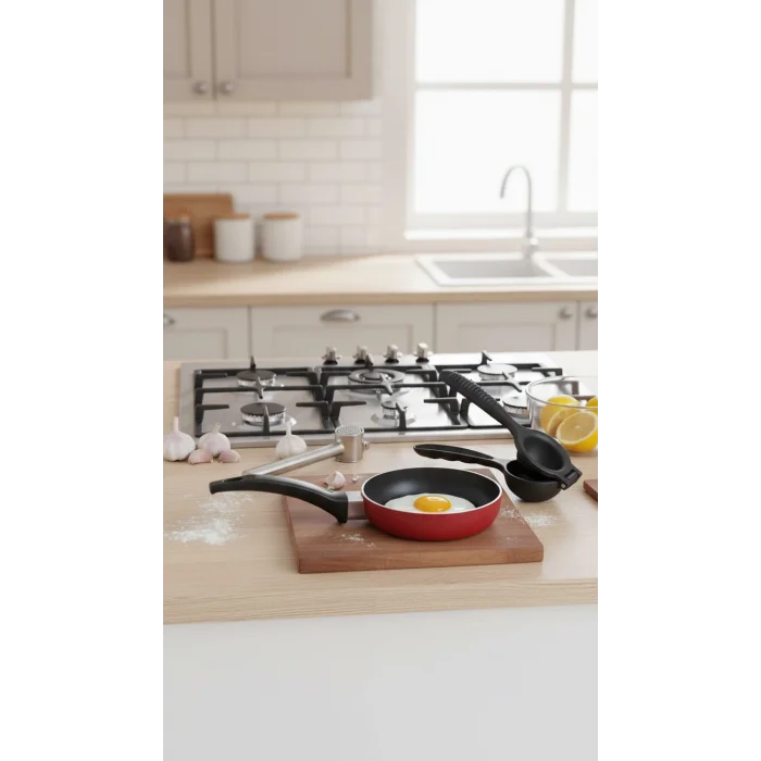 Nishev Premium 3‑Parça Mutfak Seti – Döküm Limon Sıkacağı, Koncis Sarımsak Ezici & Mini Teflon Tava