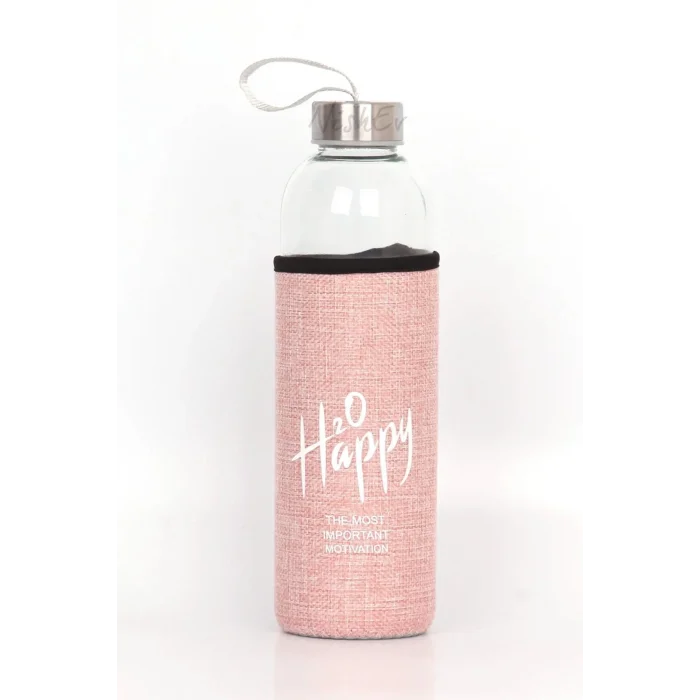 Lüks Şeffaf Kılıflı Cam Matara 1000ml – Açık Pembe