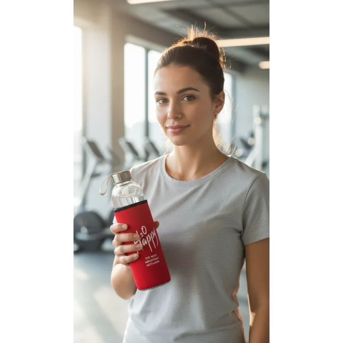 Premium Kılıflı Cam Matara 1000 ml – Kırmızı