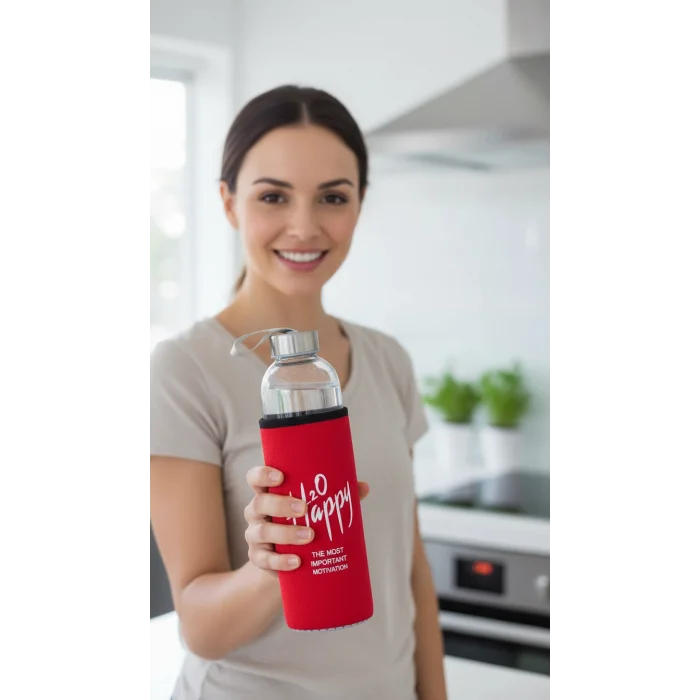 Premium Kılıflı Cam Matara 1000 ml – Kırmızı