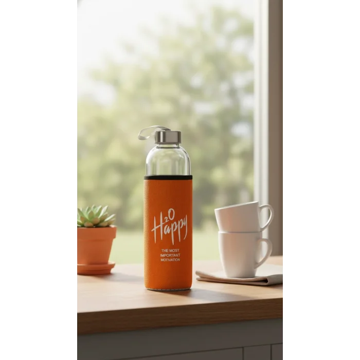 Turuncu Kılıflı Cam Matara 1000ml – Şıklık ve Yeni Başlangıç