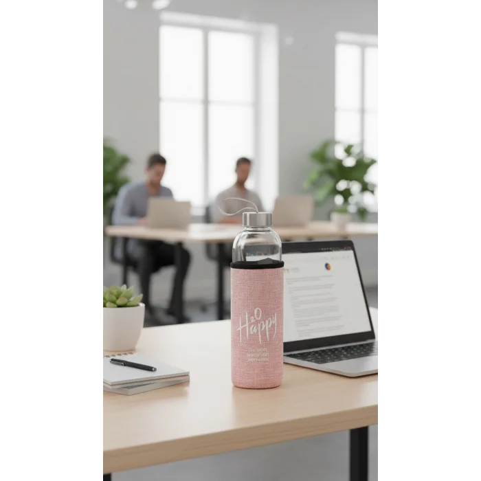 Lüks Şeffaf Kılıflı Cam Matara 1000ml – Açık Pembe