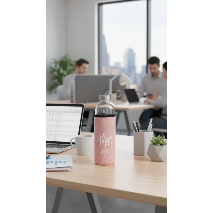 Lüks Şeffaf Kılıflı Cam Matara 1000ml – Açık Pembe