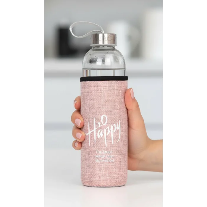 Lüks Şeffaf Kılıflı Cam Matara 1000ml – Açık Pembe