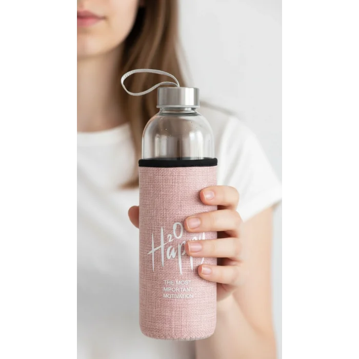 Lüks Şeffaf Kılıflı Cam Matara 1000ml – Açık Pembe