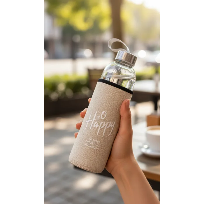 Sarı Kılıflı Premium Cam Matara 1000 ml – Şık Su Taşıma Çözümü