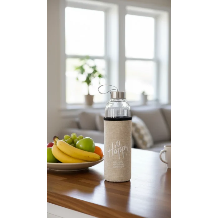 Sarı Kılıflı Premium Cam Matara 1000 ml – Şık Su Taşıma Çözümü