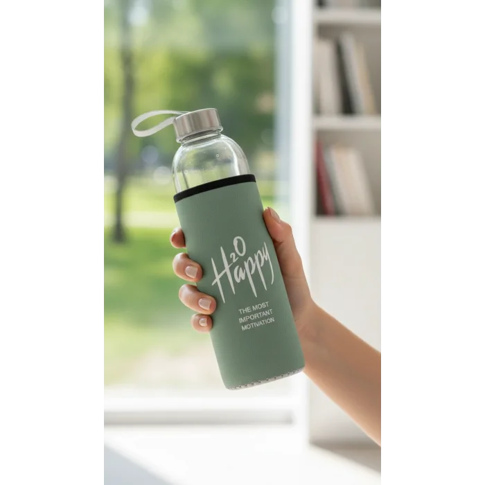 Premium Fıstık Yeşili Kılıflı Cam 1000ml Matara