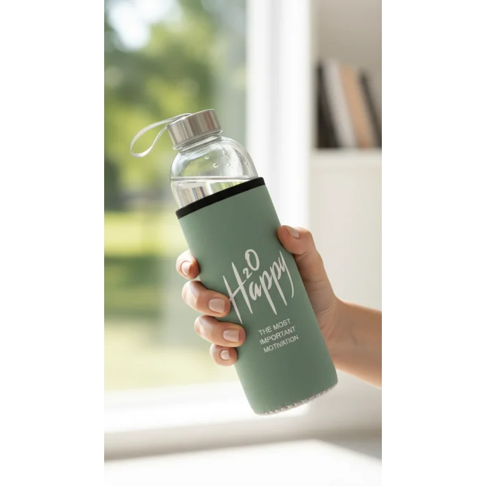 Premium Fıstık Yeşili Kılıflı Cam 1000ml Matara