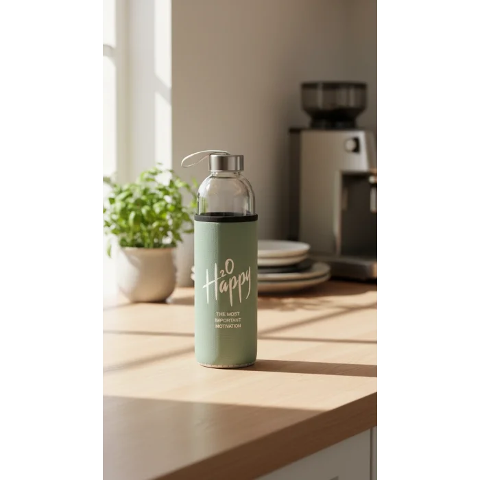 Premium Fıstık Yeşili Kılıflı Cam 1000ml Matara