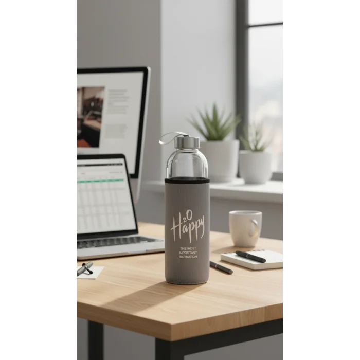 Premium Gri Kılıflı Cam Matara 1000ml – Şıklık