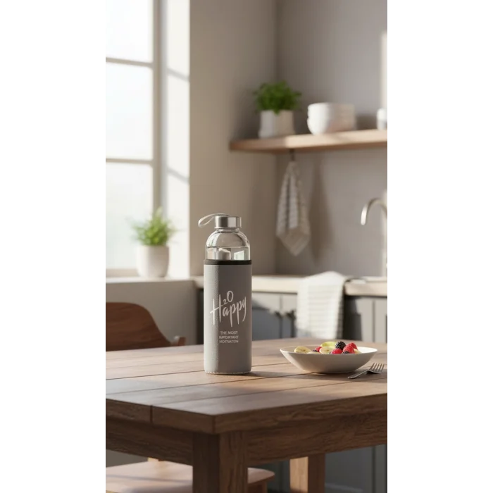 Premium Gri Kılıflı Cam Matara 500ml – Şıklık