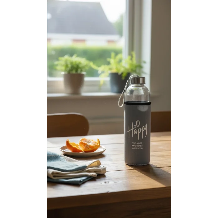 Premium Gri Kılıflı Cam Matara 500ml – Şıklık