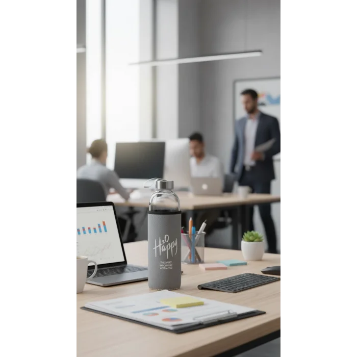 Premium Gri Kılıflı Cam Matara 500ml – Şıklık