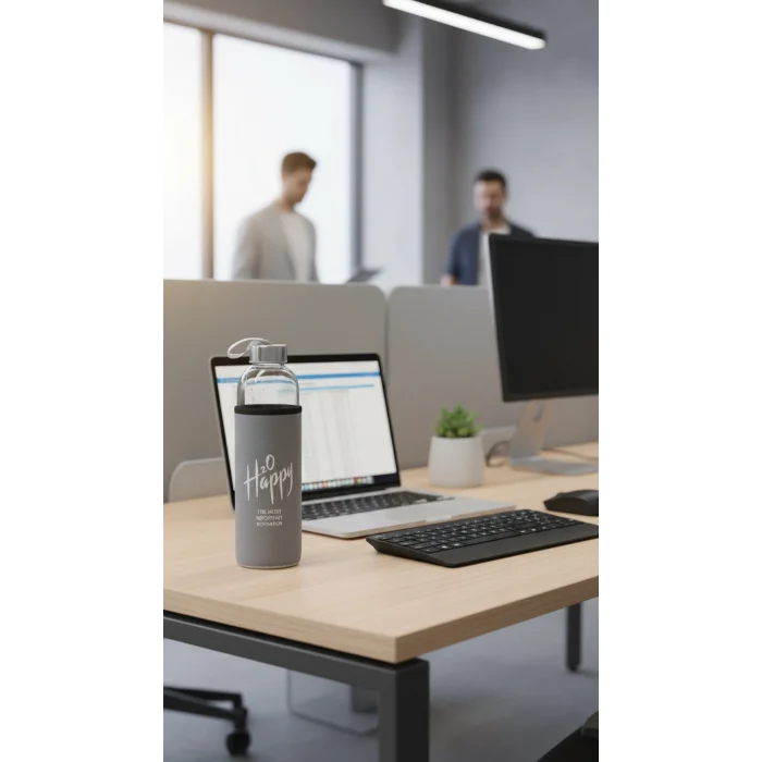 Premium Gri Kılıflı Cam Matara 500ml – Şıklık