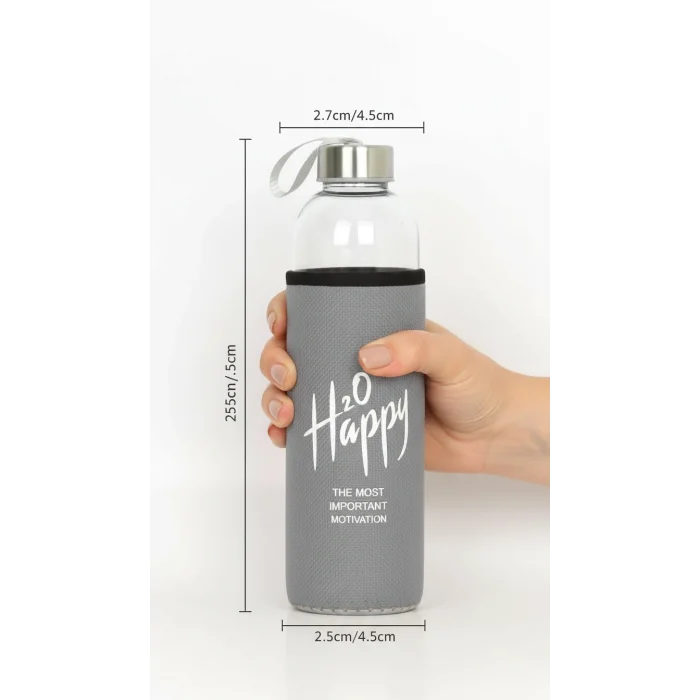 Premium Gri Kılıflı Cam Matara 500ml – Şıklık