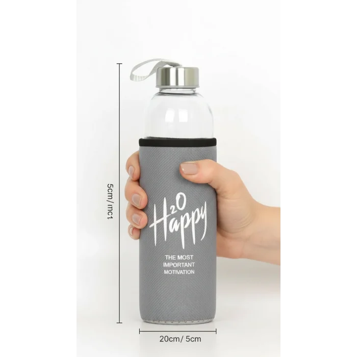 Premium Gri Kılıflı Cam Matara 500ml – Şıklık