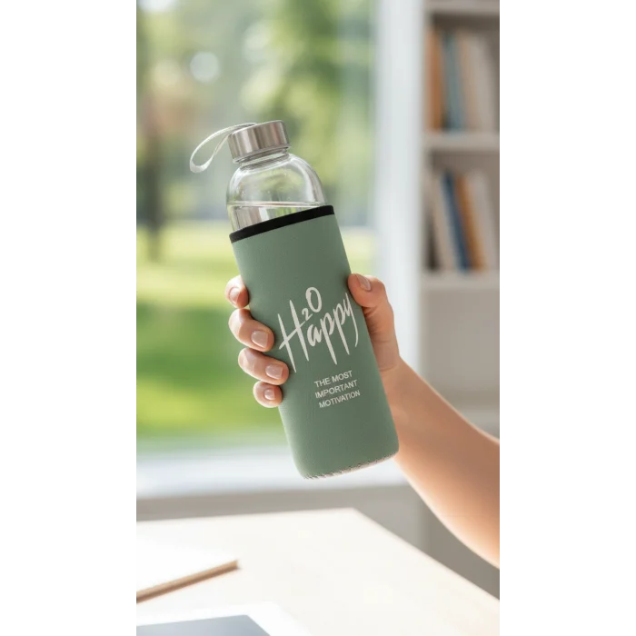 Premium Fıstık Yeşili Kılıflı Cam 500ml Matara