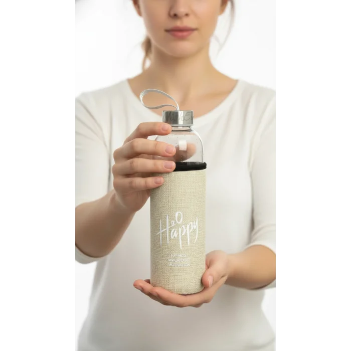 Sarı Kılıflı Premium Cam Matara 500 ml – Şık Su Taşıma Çözümü