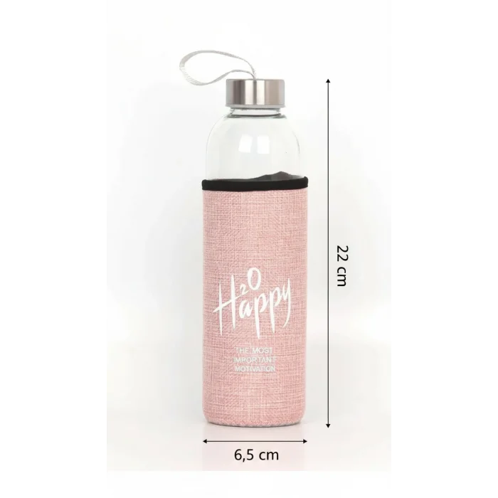 Lüks Şeffaf Kılıflı Cam Matara 500ml – Açık Pembe