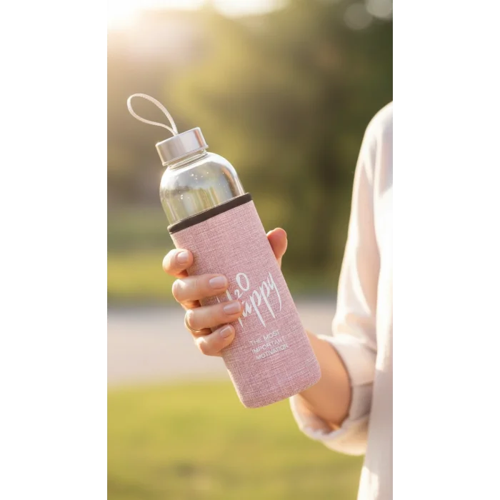 Lüks Şeffaf Kılıflı Cam Matara 500ml – Açık Pembe