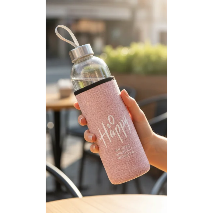 Lüks Şeffaf Kılıflı Cam Matara 500ml – Açık Pembe